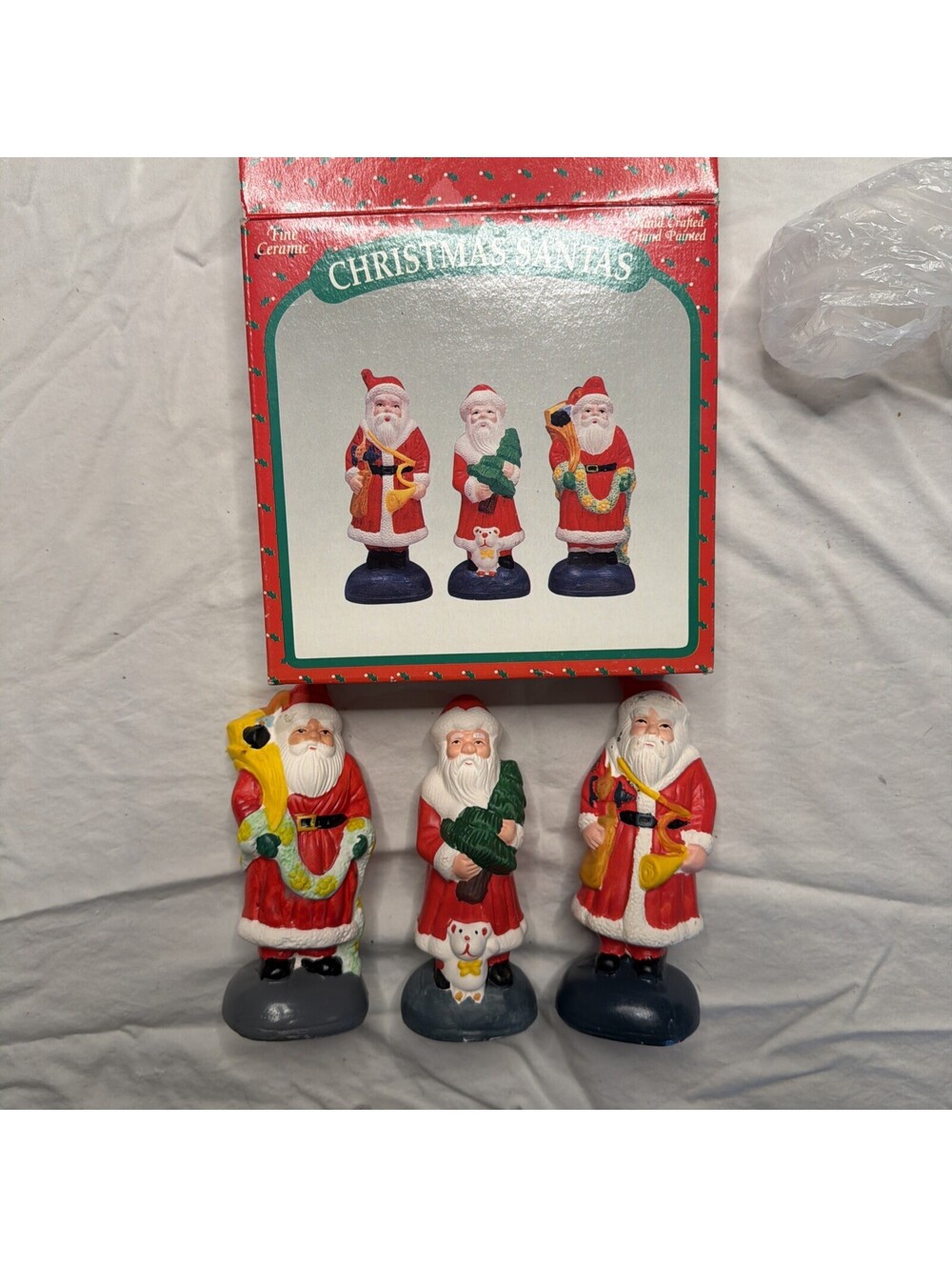 3 Piece Vintage Ceramic Santa Christmas Figurines Hand Painted, Hand Crafted#358